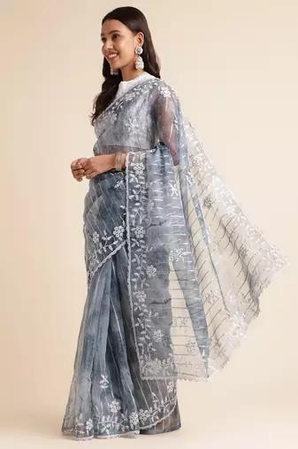 Grey Embellished::Embroidered Organza Bollywood Saree With Blouse