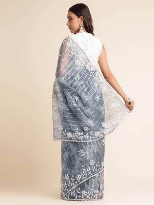 Grey Embellished::Embroidered Organza Bollywood Saree With Blouse 3