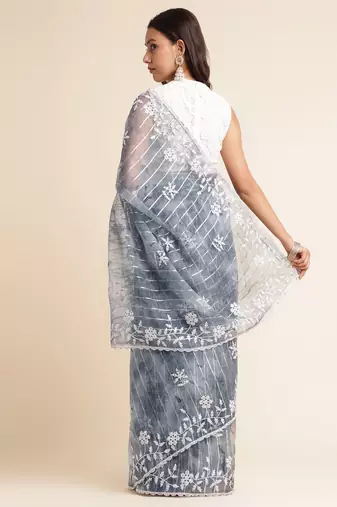 Grey Embellished::Embroidered Organza Bollywood Saree With Blouse