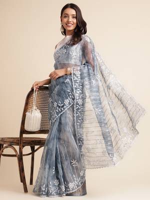Grey Embellished::Embroidered Organza Bollywood Saree With Blouse 4