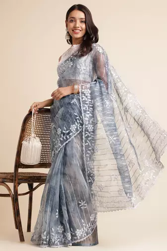 Grey Embellished::Embroidered Organza Bollywood Saree With Blouse