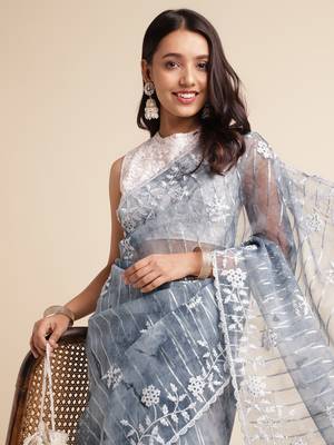 Grey Embellished::Embroidered Organza Bollywood Saree With Blouse 5