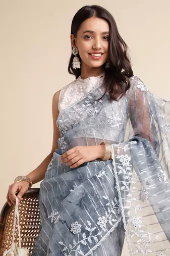 Grey Embellished::Embroidered Organza Bollywood Saree With Blouse