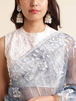 Grey Embellished::Embroidered Organza Bollywood Saree With Blouse 6