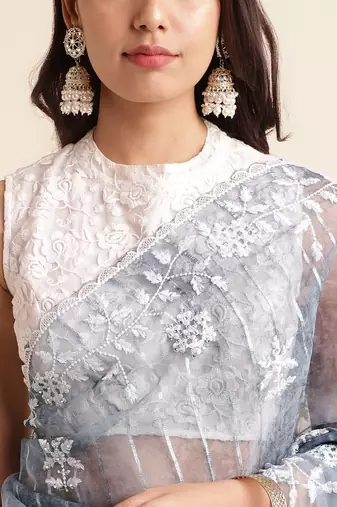 Grey Embellished::Embroidered Organza Bollywood Saree With Blouse