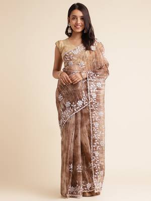 Coffee Embellished::Embroidered Organza Bollywood Saree With Blouse 1
