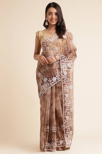 Coffee Embellished::Embroidered Organza Bollywood Saree With Blouse