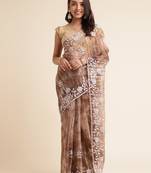 Coffee Embellished::Embroidered Organza Bollywood Saree With Blouse