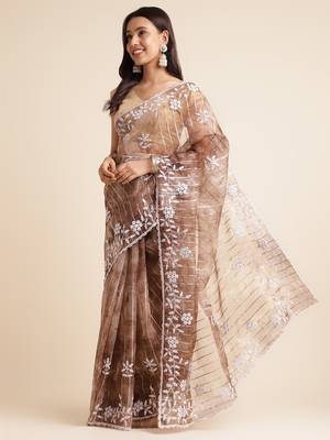Coffee Embellished::Embroidered Organza Bollywood Saree With Blouse 2