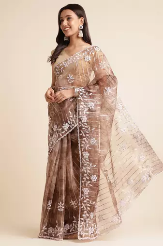 Coffee Embellished::Embroidered Organza Bollywood Saree With Blouse