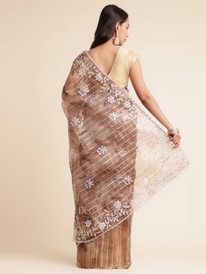 Coffee Embellished::Embroidered Organza Bollywood Saree With Blouse 3
