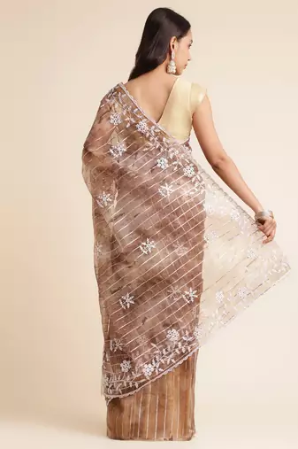 Coffee Embellished::Embroidered Organza Bollywood Saree With Blouse