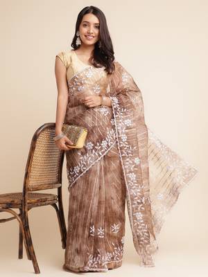 Coffee Embellished::Embroidered Organza Bollywood Saree With Blouse 4