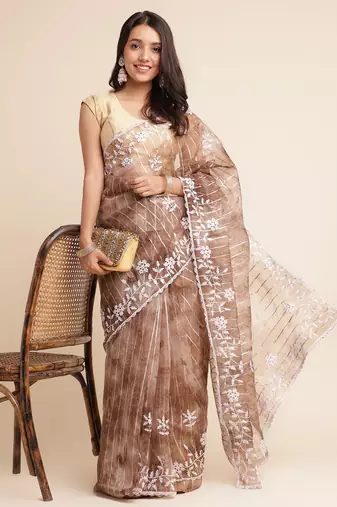 Coffee Embellished::Embroidered Organza Bollywood Saree With Blouse