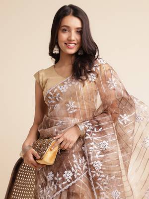 Coffee Embellished::Embroidered Organza Bollywood Saree With Blouse 5