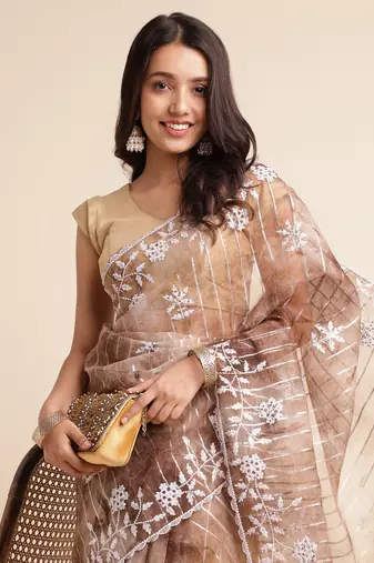 Coffee Embellished::Embroidered Organza Bollywood Saree With Blouse