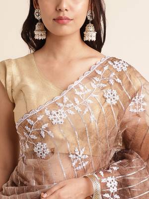 Coffee Embellished::Embroidered Organza Bollywood Saree With Blouse 6