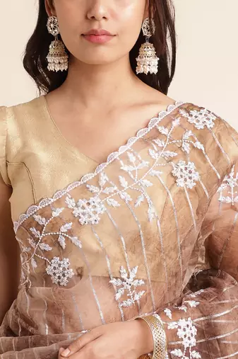 Coffee Embellished::Embroidered Organza Bollywood Saree With Blouse