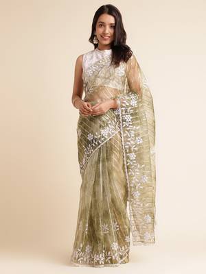 Green Embellished::Embroidered Organza Bollywood Saree With Blouse 1