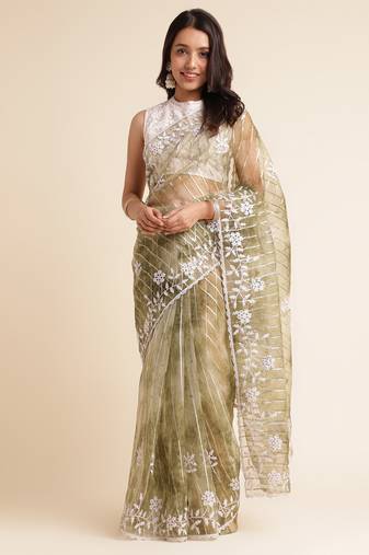 Green Embellished::Embroidered Organza Bollywood Saree With Blouse