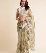 Green Embellished::Embroidered Organza Bollywood Saree With Blouse