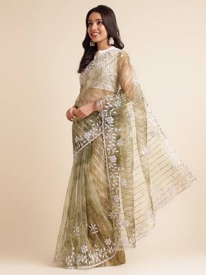 Green Embellished::Embroidered Organza Bollywood Saree With Blouse 2