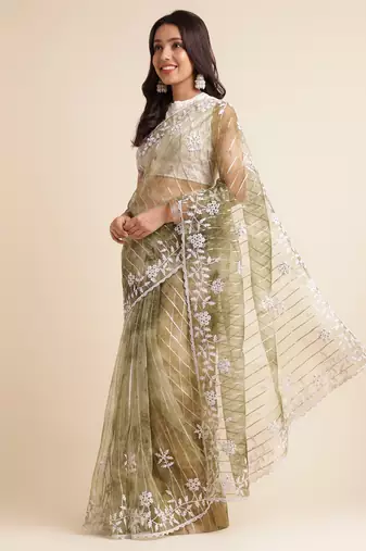 Green Embellished::Embroidered Organza Bollywood Saree With Blouse