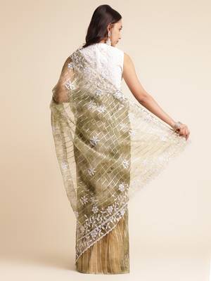 Green Embellished::Embroidered Organza Bollywood Saree With Blouse 3