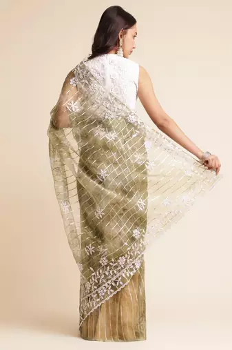 Green Embellished::Embroidered Organza Bollywood Saree With Blouse