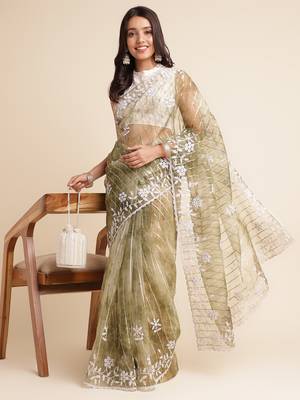 Green Embellished::Embroidered Organza Bollywood Saree With Blouse 4