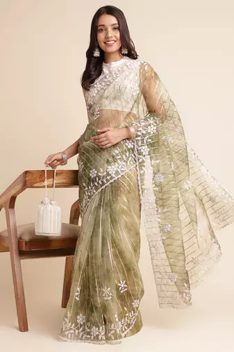 Green Embellished::Embroidered Organza Bollywood Saree With Blouse