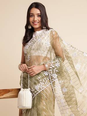 Green Embellished::Embroidered Organza Bollywood Saree With Blouse 5