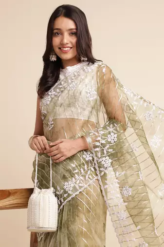 Green Embellished::Embroidered Organza Bollywood Saree With Blouse