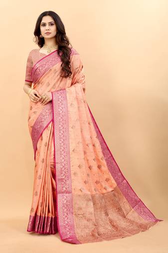 Womens Orange Cotton Silk Woven Saree With Unstitched Blouse