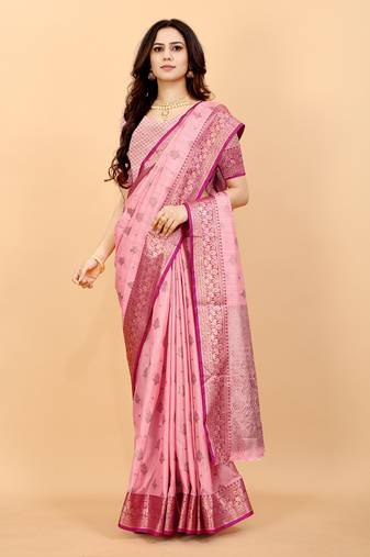 Womens Pink Cotton Silk Woven Saree With Unstitched Blouse