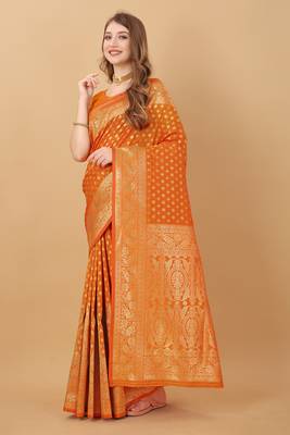 Womens Orange Faux Banarasi Silk Woven Saree With Unstitched Blouse 2