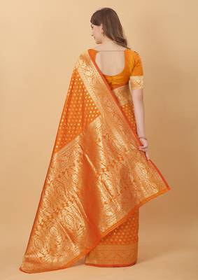 Womens Orange Faux Banarasi Silk Woven Saree With Unstitched Blouse 4