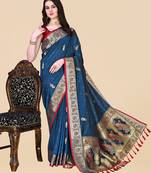 Womens Blue Art Silk Woven Saree With Unstitched Blouse