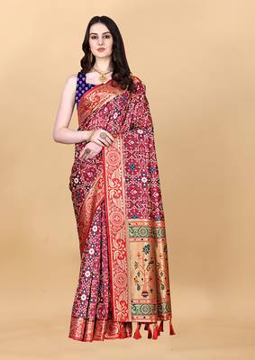 Womens Red Art Silk Woven Saree With Unstitched Blouse 1