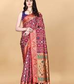 Womens Red Art Silk Woven Saree With Unstitched Blouse