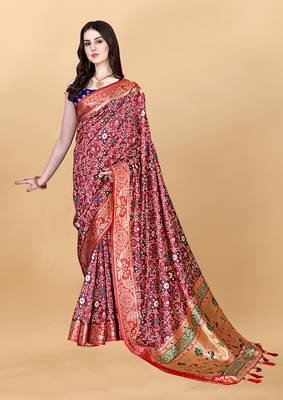 Womens Red Art Silk Woven Saree With Unstitched Blouse 2