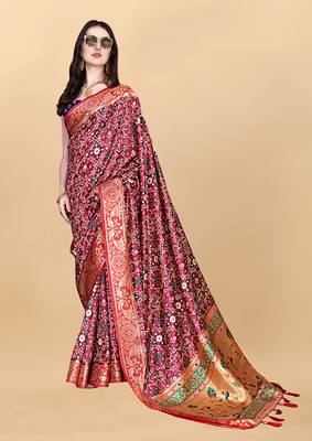 Womens Red Art Silk Woven Saree With Unstitched Blouse 3