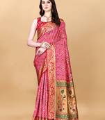 Womens Pink Art Silk Woven Saree With Unstitched Blouse