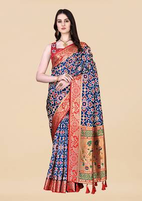 Womens Dark Blue Art Silk Woven Saree With Unstitched Blouse 1