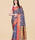 Womens Dark Blue Art Silk Woven Saree With Unstitched Blouse