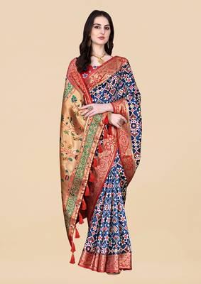 Womens Dark Blue Art Silk Woven Saree With Unstitched Blouse 2