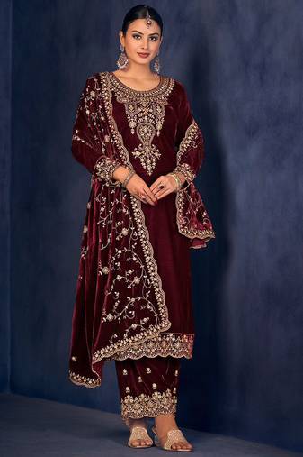 Elegant Maroon Velvet Designer Party Wear Readymade Salwar Suit With Maroon Velvet main image 1