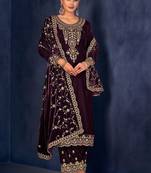 Wine Velvet Embroidered Party Wear Salwar Kameez