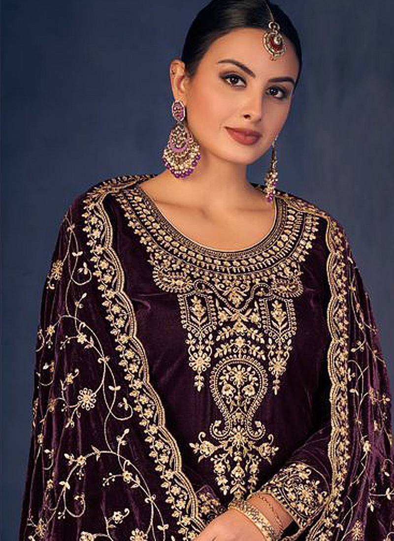 Wine Velvet Embroidered Party Wear Salwar Kameez