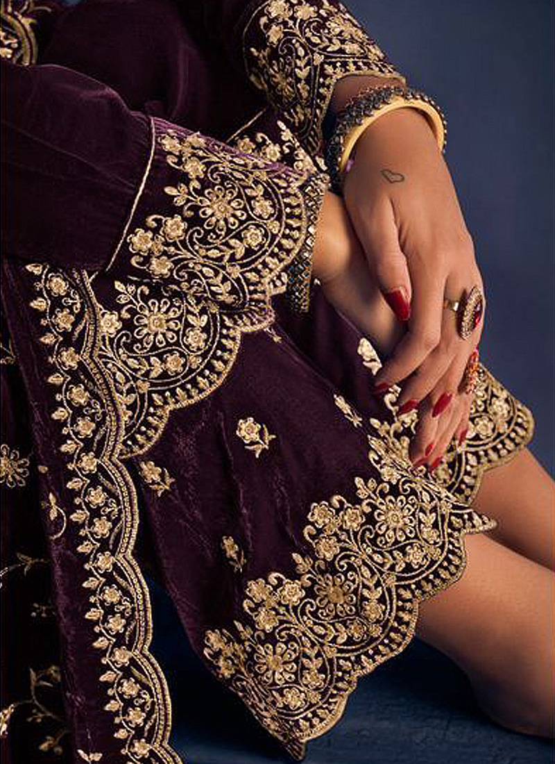 Wine Velvet Embroidered Party Wear Salwar Kameez